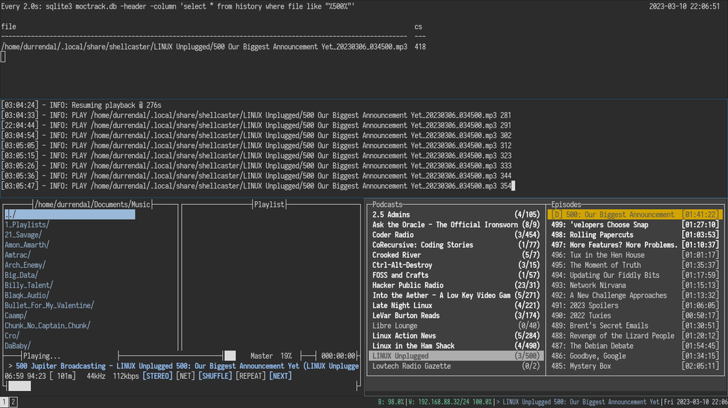 A hectic I3 desktop with sqlite3 queries, shellcaster, mocp, and moctrack logging shown.